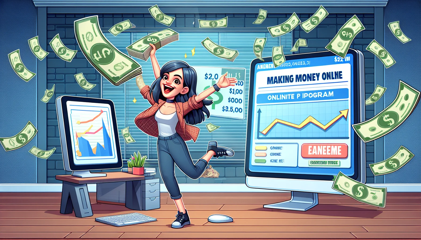 Generate a playful, enticing image showcasing an unnamed generic online entrepreneur's affiliate program. The scene is set in an upbeat virtual office, where animated dollar bills are floating around. On one side, there's a large computer screen displaying real-time stats, illustrating a sharp increase in earnings. On the other side, the entrepreneur, a young, Caucasian woman, is happily dancing while holding a big check symbolic of her affiliate earnings. Add the phrase 'Making Money Online' with comically exaggerated font on the top of the image to highlight the context.