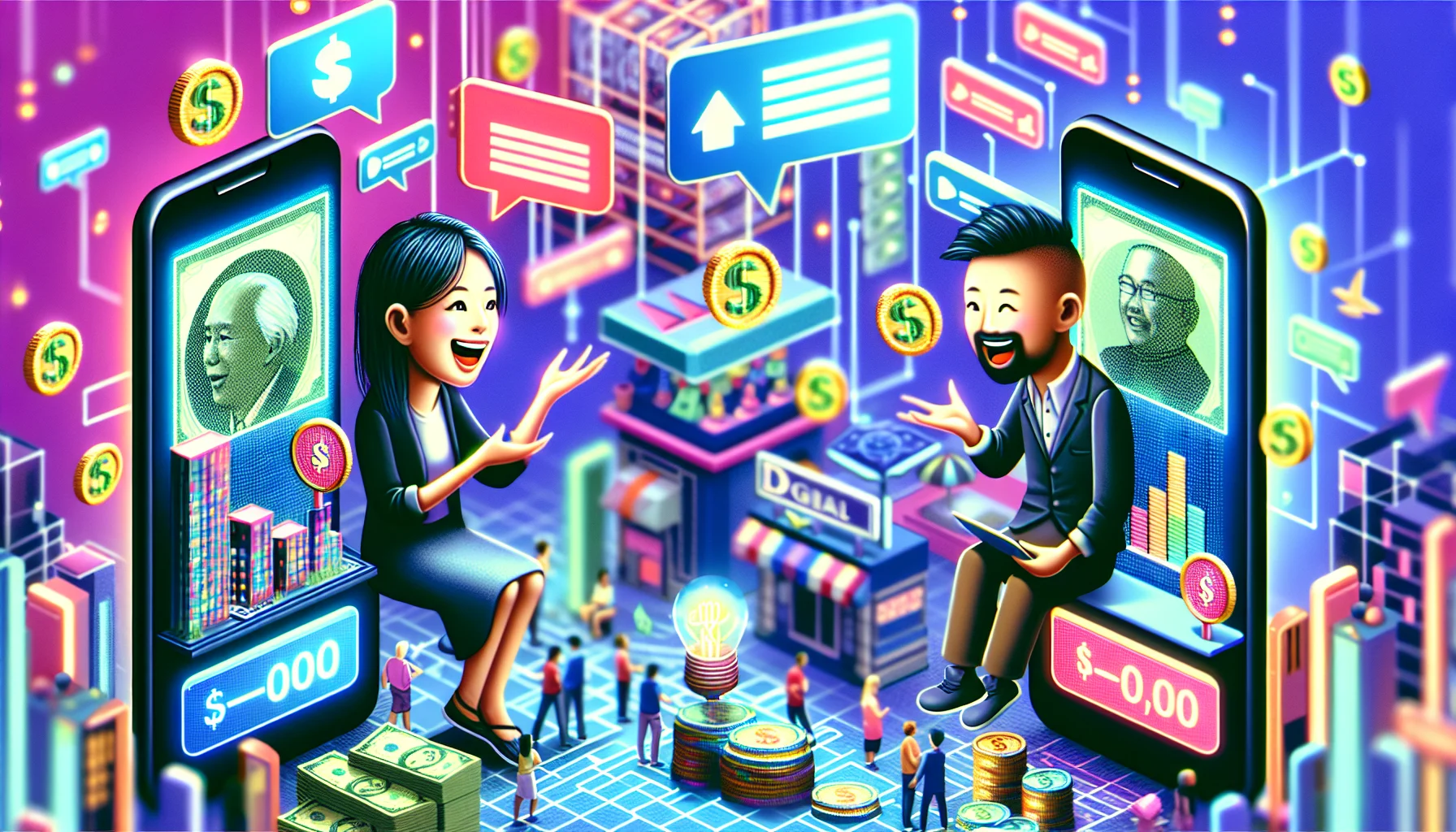 Create a humorous and realistic image of a mid-journey affiliate marketing program. Imagine a setting where an Asian female affiliate marketer is chatting enthusiastically with a Caucasian male customer inside a vibrant virtual marketplace. Display various digital products, each with a price tag showing potential online earnings. Add elements of humor like exaggerated dollar signs in their eyes, or cartoonish stacks of virtual coins and notes scattered around, capturing the allure and potential profitability of the online money-making venture.