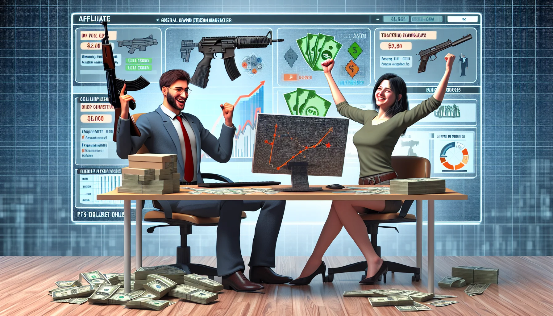 Render a humorous, realistic image that illustrates a hypothetical affiliate program for a general-brand firearm manufacturer. Depict this in an enthralling setting related to earning money online. Show a Caucasian male and a South Asian female, both engaged in successful online activities, perhaps tracking commissions on a virtual dashboard, chatting with customers in a live chat, or celebrating a big sale. Ensure the environment is filled with nods to the digital world, such as computers with charts or graphs, pixelated symbols of money, and infographics. Make sure to keep the tone light-hearted and the mood encouraging.
