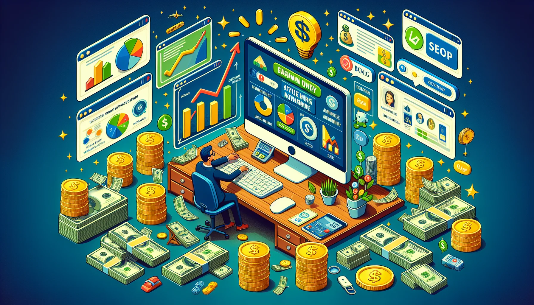Create a humorous realistic image that illustrates the review of an unnamed online affiliate marketing program. Depict it in an appealing setup related to earning money online. Include an engaging narrative with key elements such as a computer screen showing positive customer reviews, a growing graph symbolizing increasing profit margin, and piles of virtual coins or dollar bills to suggest earning potential. Surround the scene with a range of online marketing materials like an SEO diagram, banner ads layout, and affiliate link symbol for a complete picture of the program. Please remember to ensure this scene is light-hearted and comedic in tone.