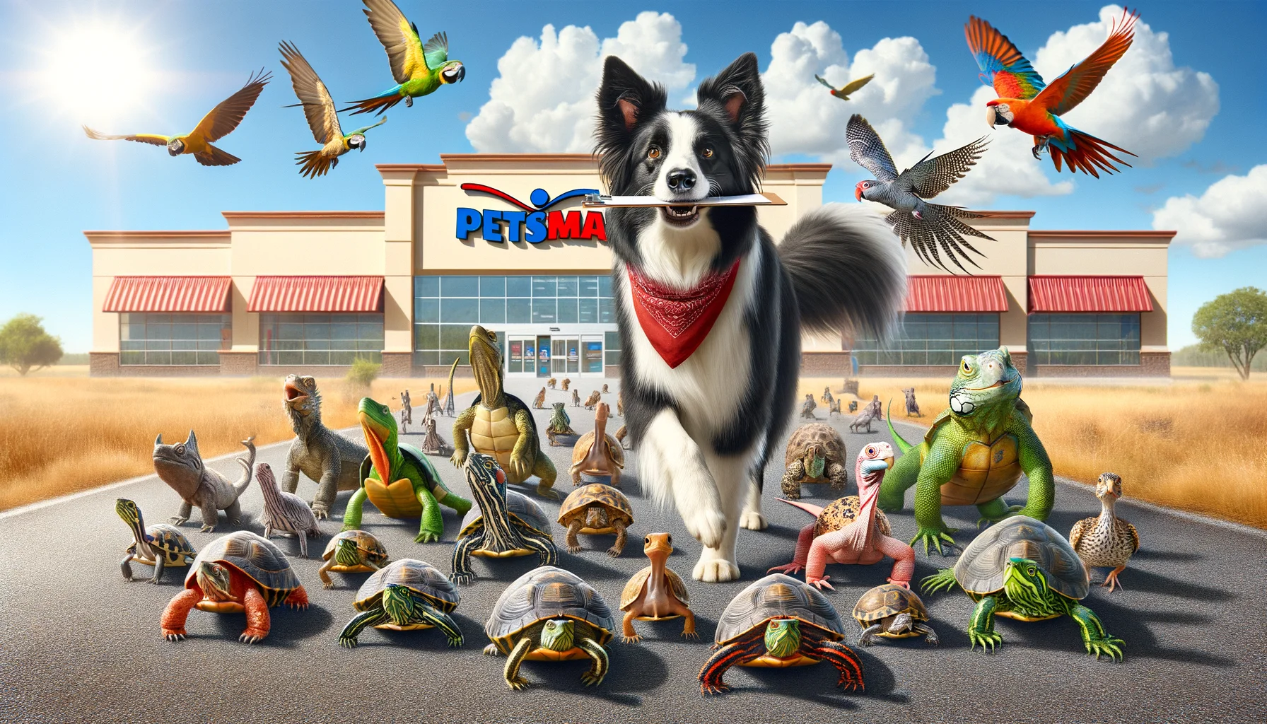 Compose a humoristic and lifelike representation of a PetSmart Affiliate Program. Imagine a situation where a friendly and smart Border Collie, symbolizing the affiliate marketer, is leading a host of diverse, eager animals such as iguanas, turtles, and parakeets towards a grand PetSmart store under bright sunlight. The Border Collie is wearing a red bandana around its neck with a tiny clipboard in its teeth, seemingly explaining the benefits of the affiliate program to the diverse bunch of animals who are attentively listening and waddling, flying or slithering along.