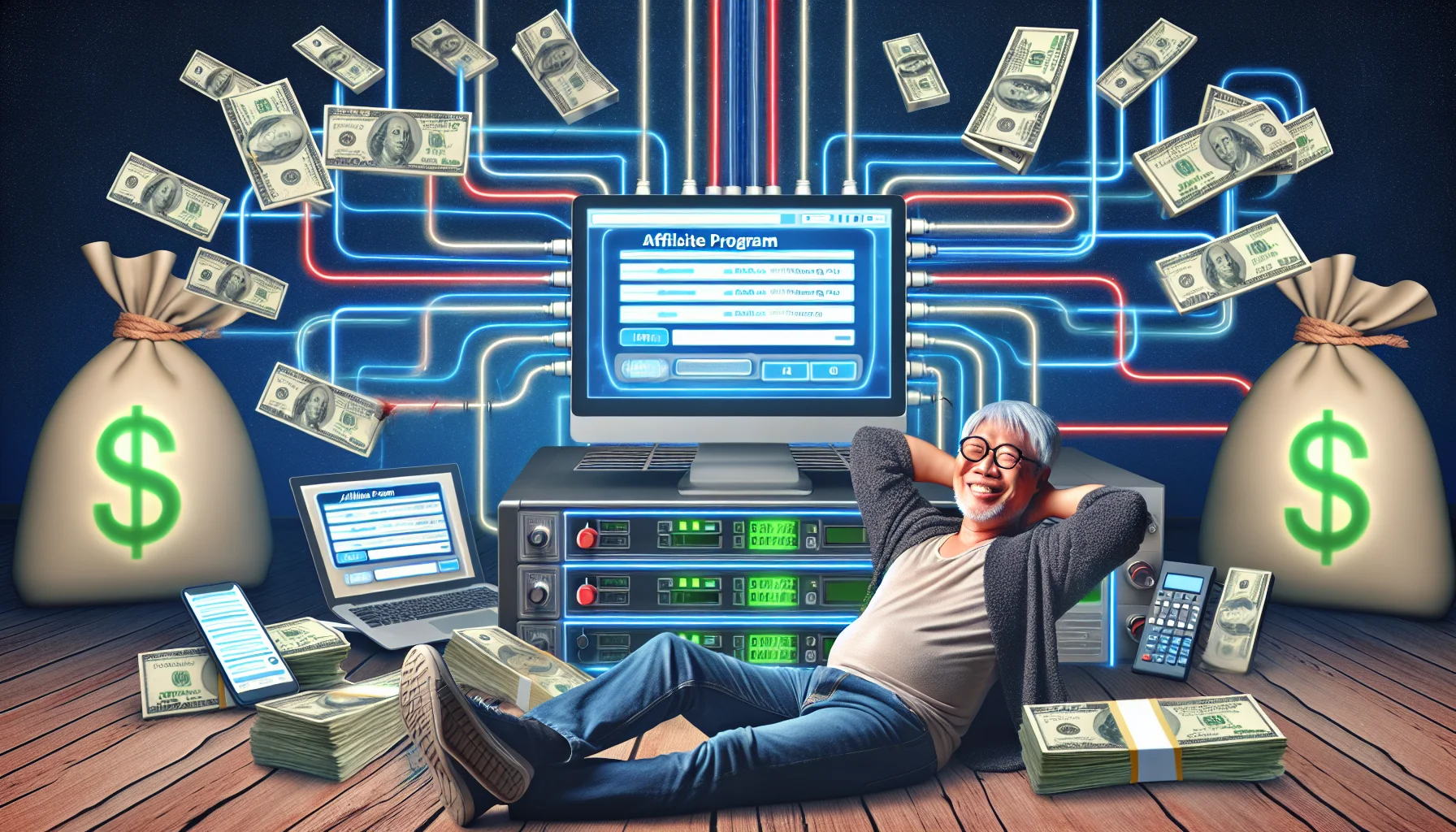 A captivating, humorous image depicting an online monetary system, focusing on an affiliate program. The surrounding scene features an array of tech gadgets, including laptops, mobile devices, and dollar-bill infused ethernet cables connecting them all, signifying the cash flow. The central computer screen is aglow with the buttons and sliders of the affiliate program, showing real-time earnings growth. A jubilant middle-aged Asian male in casual attire lounges confidently nearby, a gleaming smile of satisfaction on his face as he watches the operation.