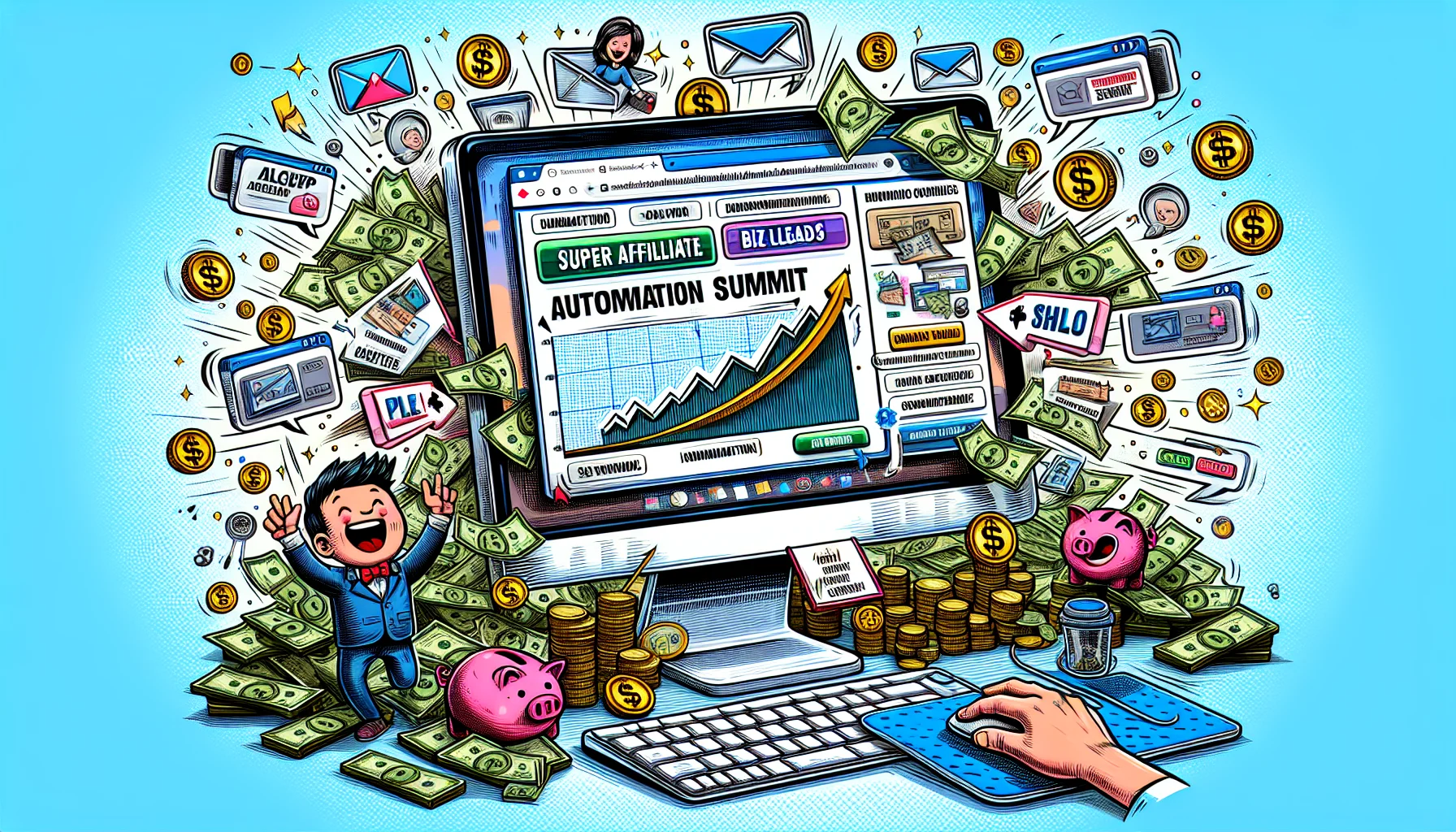 Create a humorous and realistic scenario of a website called 'Super Affiliate BizLeads Automation Summit'. The visual would exhibit an enticing money-making online event. Perhaps show a computer screen displaying an elaborate graphical representation of the website, cluttered with pop-up notifications showing varying amounts of dollars and Bitcoins. Next to the computer, consider illustrating an excited user excitedly clicking away, indicating a sense of anticipation. Surround the entire scenario with iconography common in online business forums, assets like upward growth graphs, mouse pointers, click buttons, email envelopes, and small piggy banks.