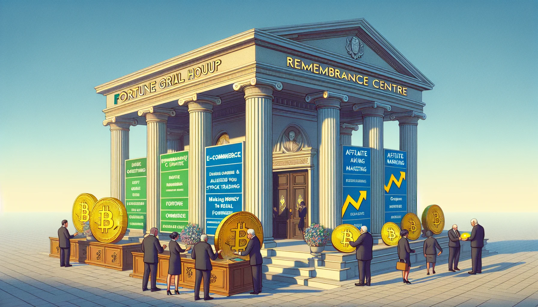 Generate a humorous and realistic image of a fictitious 'Remembrance Centre' affiliated with an imaginary 'Fortune Group Funeral Homes'. The scene unfolds a scenario relating to making money online. Visualize an elegant, carefully designed building featuring classical architecture. Signs on the building advertise various online money-making opportunities such as digital stock trading, e-commerce, affiliate marketing, and crypto investments. The atmosphere is enlivened by equally humorous details like people happily examining graphics of ascending stock arrows and exchanging oversized golden Bitcoins. Please ensure all details are tastefully handled, respecting the sensitive nature of funeral homes.