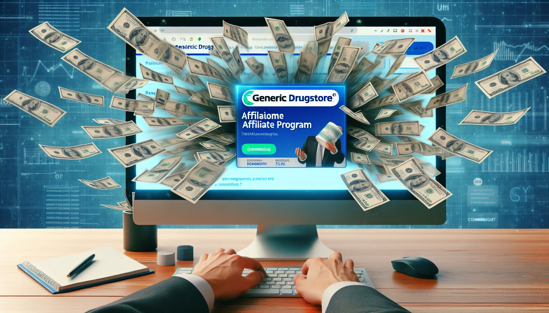 Create a humorous yet detailed scene of a lucrative online venture. Visualize a generic drugstore's affiliate program prominently displayed on a digital platform screen such as a computer or smartphone. Waves of cash are flowing out from the screen, involving the viewer in the prospect of earning money online. There's a distinct digital aesthetic and clear depictions of affiliate marketing elements like referral links and commission percentages.