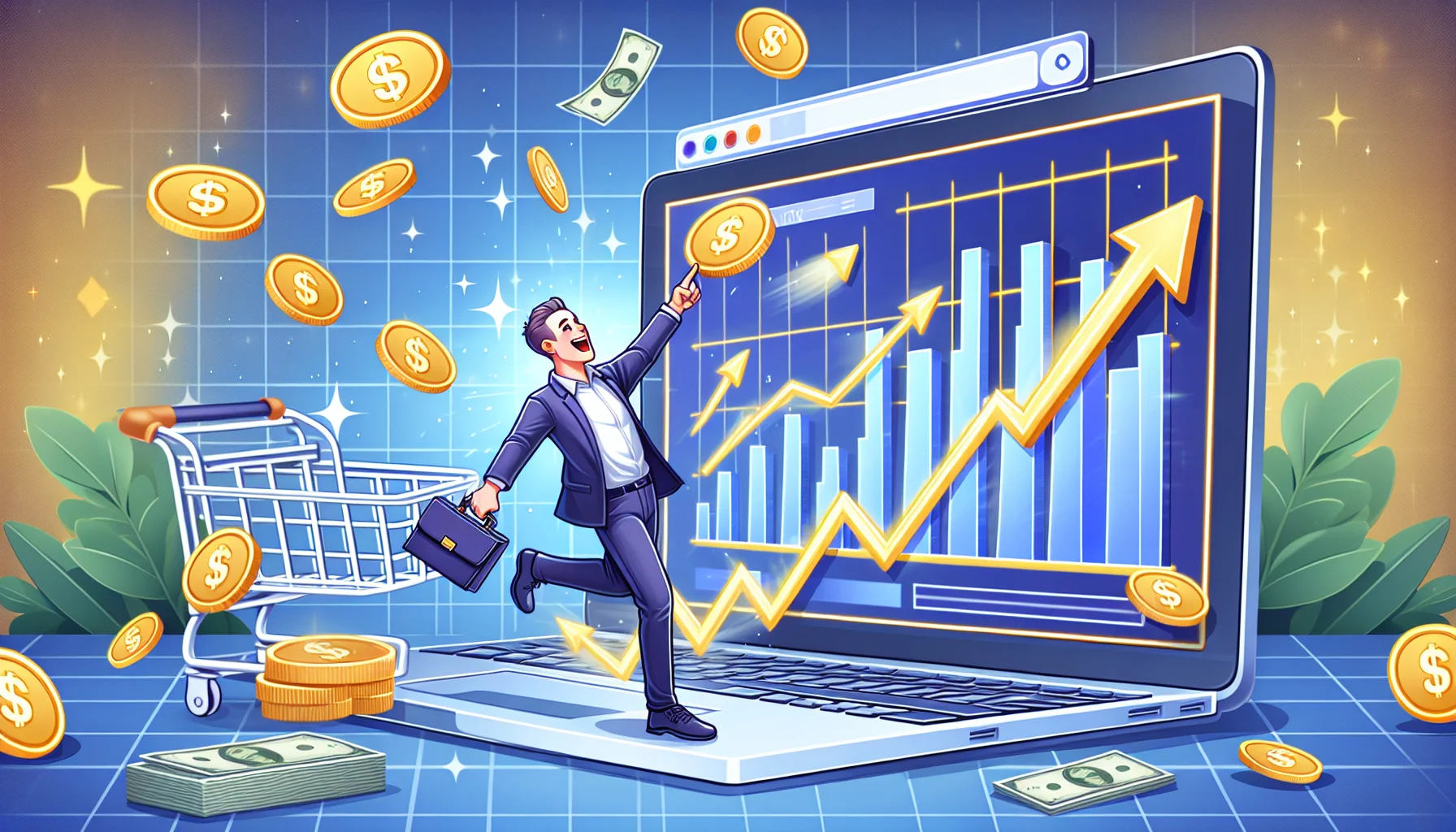 Illustrate an entertaining and realistic image showcasing the concept of affiliate marketing. The primary focus is an online platform frequently associated with e-commerce, which is similar to a well-known worldwide retail corporation. It should be depicted in a lively, money-making scenario. Display a person enthusiastically pointing towards their laptop screen, which shows a rising graph indicating success. Include dollar bills floating around to signify the prosperous nature of online business. Make sure the environment is vivid and sparks motivation for viewers.