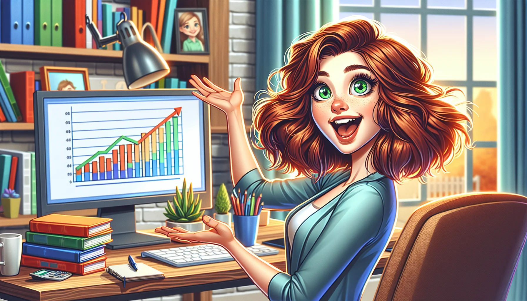 Create an amusing and realistic image of a typical affiliate marketer who we'll call Chelsea. Depict her with medium-length, wavy auburn hair and green eyes. She is energetically gesturing towards her computer screen, which displays a bar graph with a rising trajectory - signifying increasing profits - in vibrant colors. The setting is a thoughtfully furnished home office with a diverse assortment of books related to digital marketing and money-making stacked around. Her expression, captured midway between surprise and glee, reflects the enticing potential of making money online.