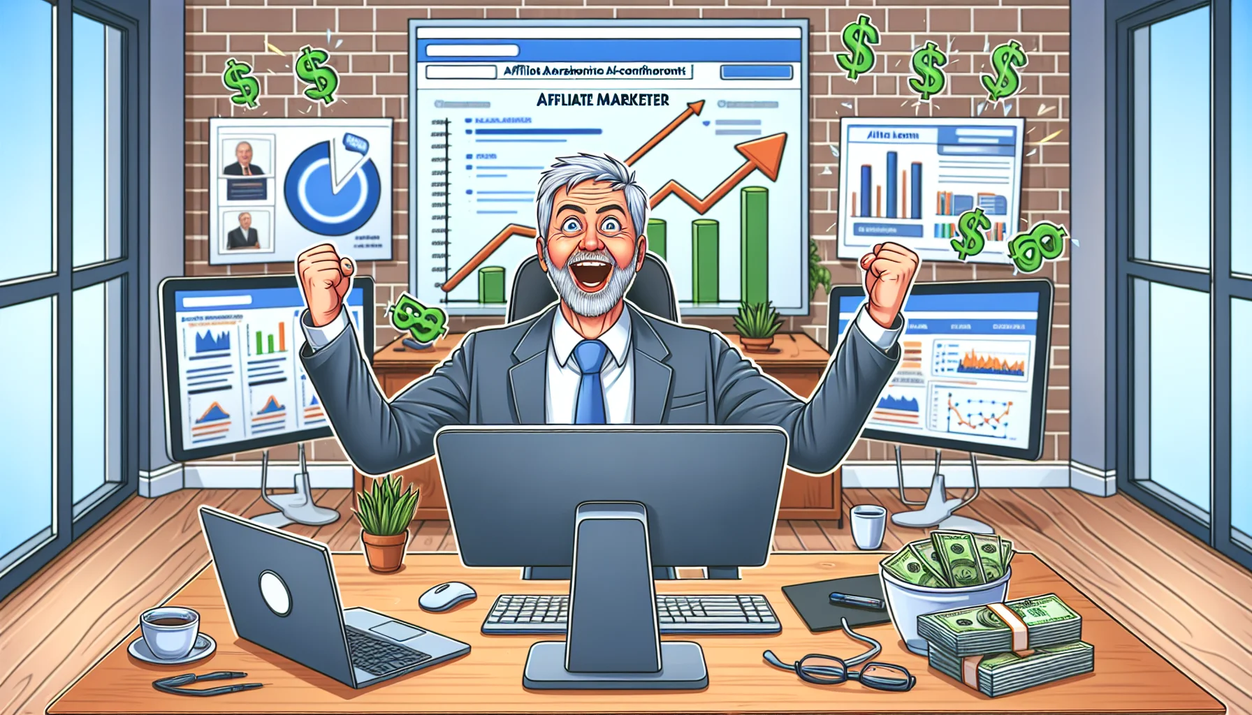 Create a humorous image set in a modern workspace where a male, White, middle-aged affiliate marketer of an unnamed popular e-commerce platform is visibly celebrating. He is surrounded by computer screens displaying affiliate links and rising graphs, suggesting successful online sales. There's a clear aura of success and online money-making. In the room, you can see popular online marketing tools such as SEO charts, analytics dashboards, and digital content strategies. A cartoony, over-sized dollar sign is visible above his head, symbolizing his substantial earnings.
