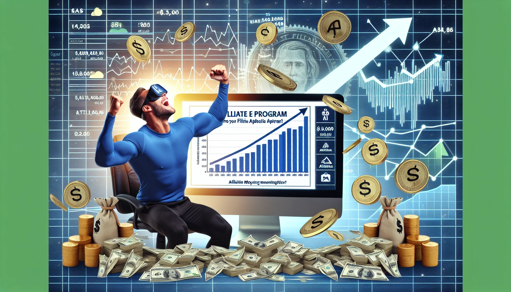 Generate an amusing and lifelike image illustrating the concept of an affiliate program for a fictitious fitness apparel brand, framed in an attractive money-making situation related to online business. The focus of the image could be a humorous depiction of an individual of undisclosed gender and race joyfully examining a computer screen that displays increasing affiliate sales statistics. Scattered around, there should be symbols denoting monetary gains such as piles of coins or cleverly designed graphs pointing upwards. Blend the elements in a way to evoke a sense of excitement and potential profitability associated with the affiliate program.