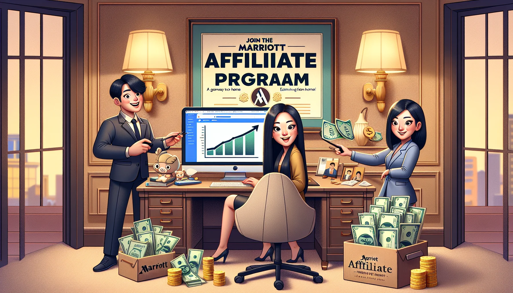 Create an engaging and humorous image set in a room that showcases the concept of Marriott's affiliate program. The room should be designed as a sophisticated home office with a large desktop displaying a graph which signifies growth. Beside the desktop, a pile of dollar bills and coins are arranged to symbolize the potential earnings from the program. Make sure to include people in the set-up. Specifically, an East Asian female sitting behind the desk, her hand on the mouse, with an excited and hopeful look on her face. Also, depict a South Asian male standing beside her, pointing at the screen with a smile on his face as if showing her the benefits of the program. The background should have a tastefully framed poster saying, 'Join the Marriott Affiliate Program! A gateway to earning from home.' The overall scene should make the viewers feel the allure of the idea of making money online.