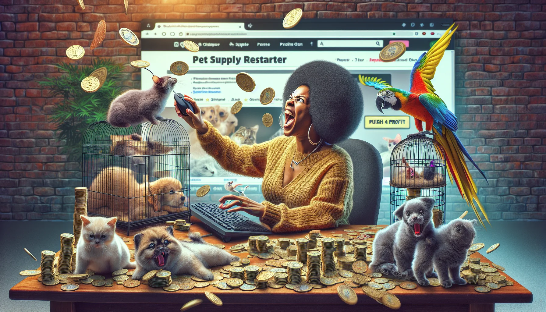 Create a humorous realism-based image presenting a fictional pet supply retailer, reminiscent of a typical American brick-and-mortar and online pet store. This scene features a furiously typing African-American woman at her desk, immersed in online activities against the backdrop of a website running a high-profit affiliate program. A calculated mountain of digital coins signifies the profit being made in the foreground. Multiple pets, including a tabby cat playing with a mouse toy, a golden retriever chewing on a tennis ball, and a parrot with multicolor feathers perched on the chair, add a lightheartedness to the atmospheric scene.