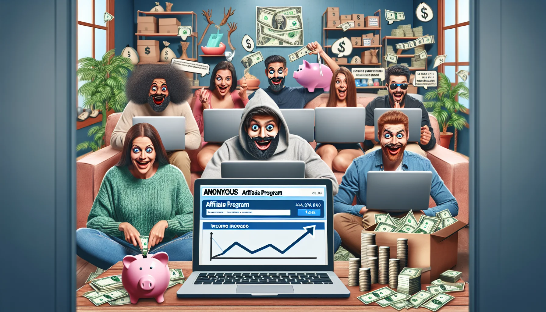 Create a humorous, realistic scene representing an anonymous retail store's affiliate program. Show different people of various descents and genders using their laptops in a comfortable home setting, with facial expressions of excitement and determination. They are focusing on the screen displaying an affiliate program page, with an income increase graph. Background items like piggy banks overflowing with coins, a stack of dollar bills, and a money tree contribute to the money-making theme underlines, adding a light-hearted touch to the scene while emphasizing the concept of making money online.