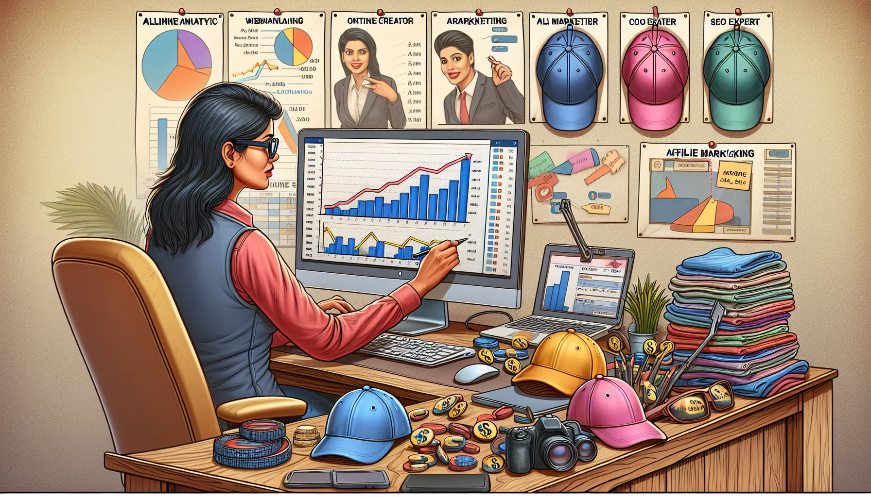 Create an amusing image depicting the reality of affiliate marketing, with a focus on the online money-making aspect. Picture a South Asian woman at a computer, her screen filled with graphs representing website analytics and sales statistics. There's a noticeable progression in the graphs from low to high sales, hinting at the potential for revenue increase through affiliate marketing. However, an array of different hats on a rack nearby represent the multiple roles she must fill - marketer, content creator, SEO expert, for example - emphasising the effort and skills required behind the scenes.